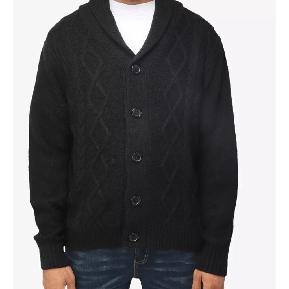 X RAY Men's Black Shawl Collar Cable Knit Cardigan S